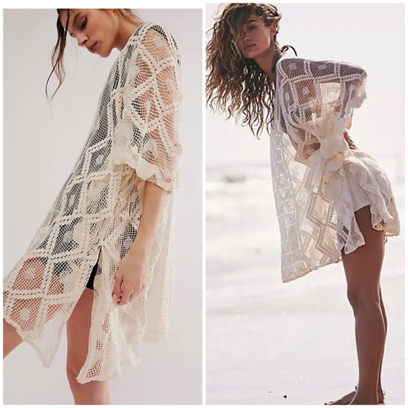 Free People Boho Crochet Kaftan Cover-Up White Cream One Size NEW - Picture 2 of 16